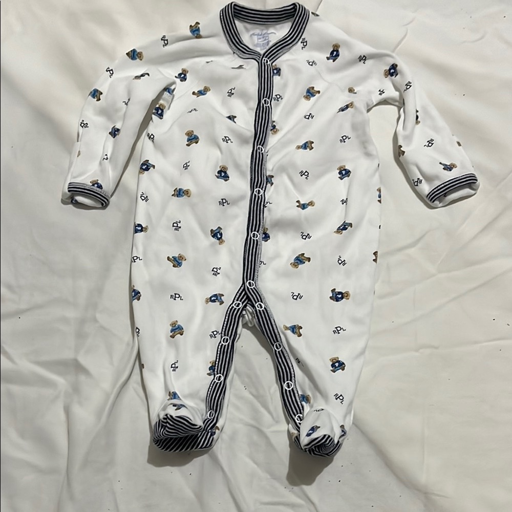 Ralph Lauren White Navy Trim Bear Print Footie